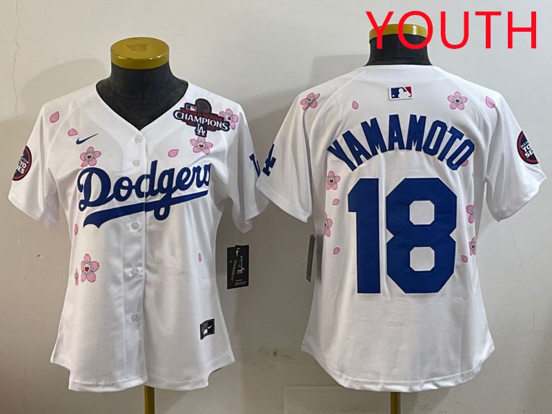 Youth Los Angeles Dodgers 18 Yamamoto White Sakura Edition 2025 Nike MLB Jersey style 3